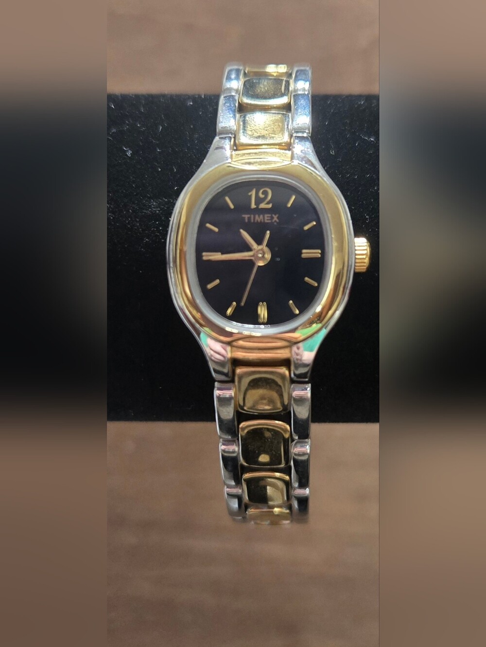Timex Watch Women 20mm Gold Silver Tone Black Dial New Battery 6"